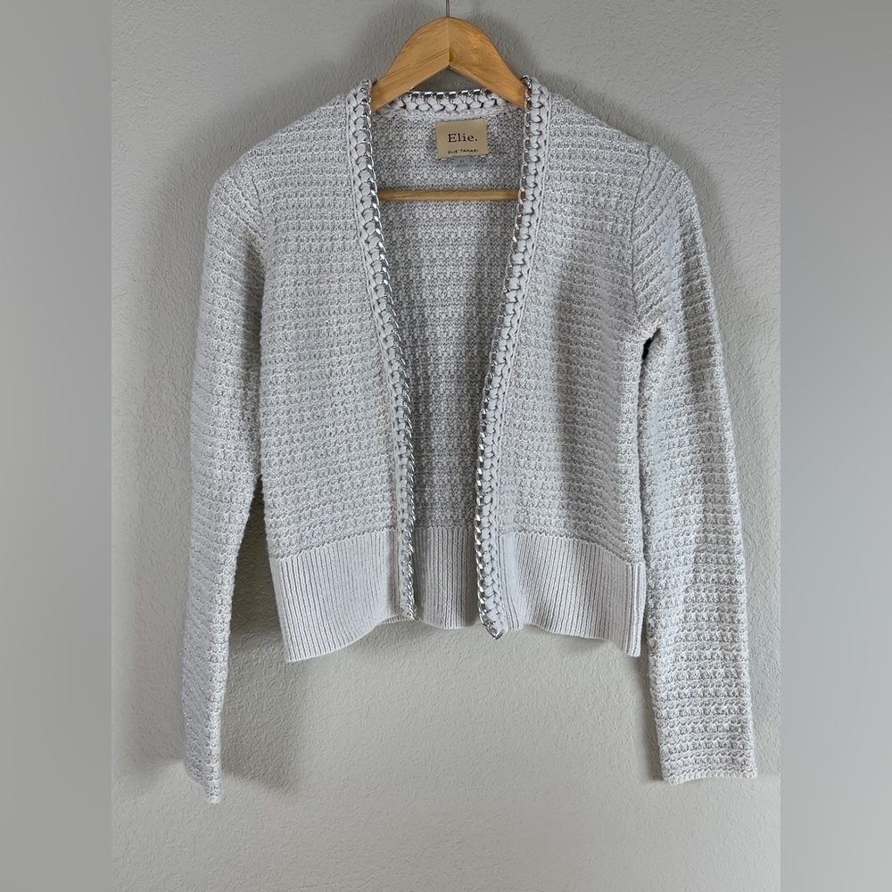 Elie Tahari Open Cardigan Silver Chain Link Trim Silver Metallic Threads XS